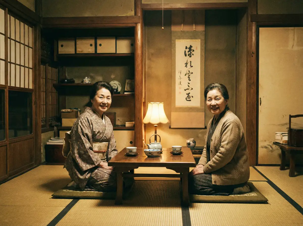 两位优雅的 女上位 在日式茶室中品茶交谈